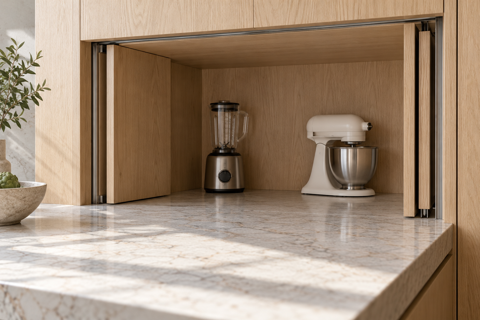 Open oak appliance cabinet showing door pockets and a clear counter in front.