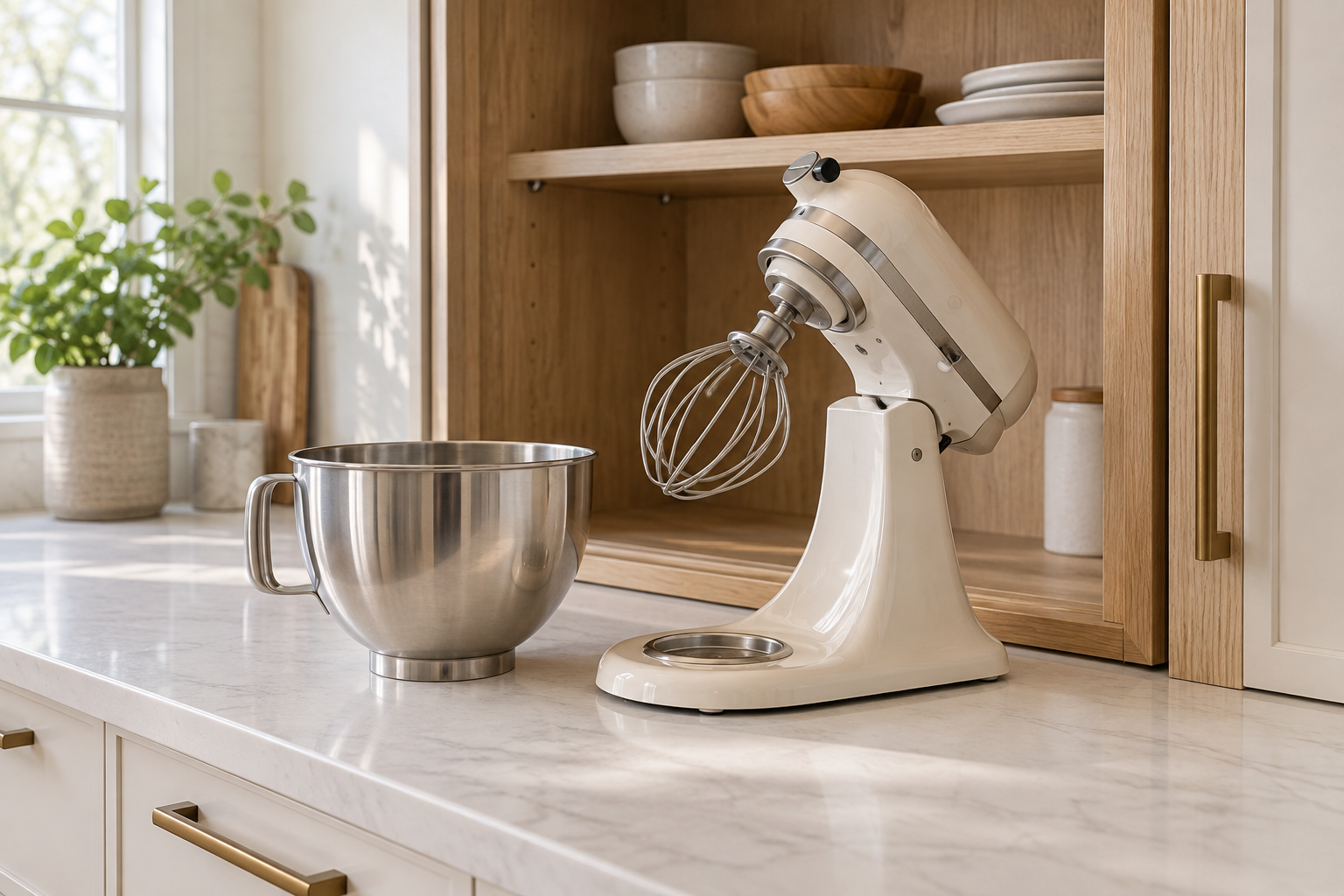 Stand mixer with its head raised and bowl removed on an open counter in front of a cabinet.