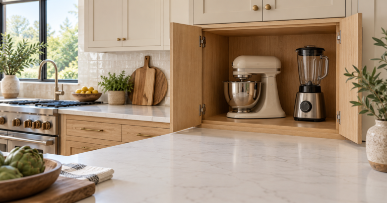 Open oak appliance garage storing a stand mixer and blender above a clear kitchen counter.