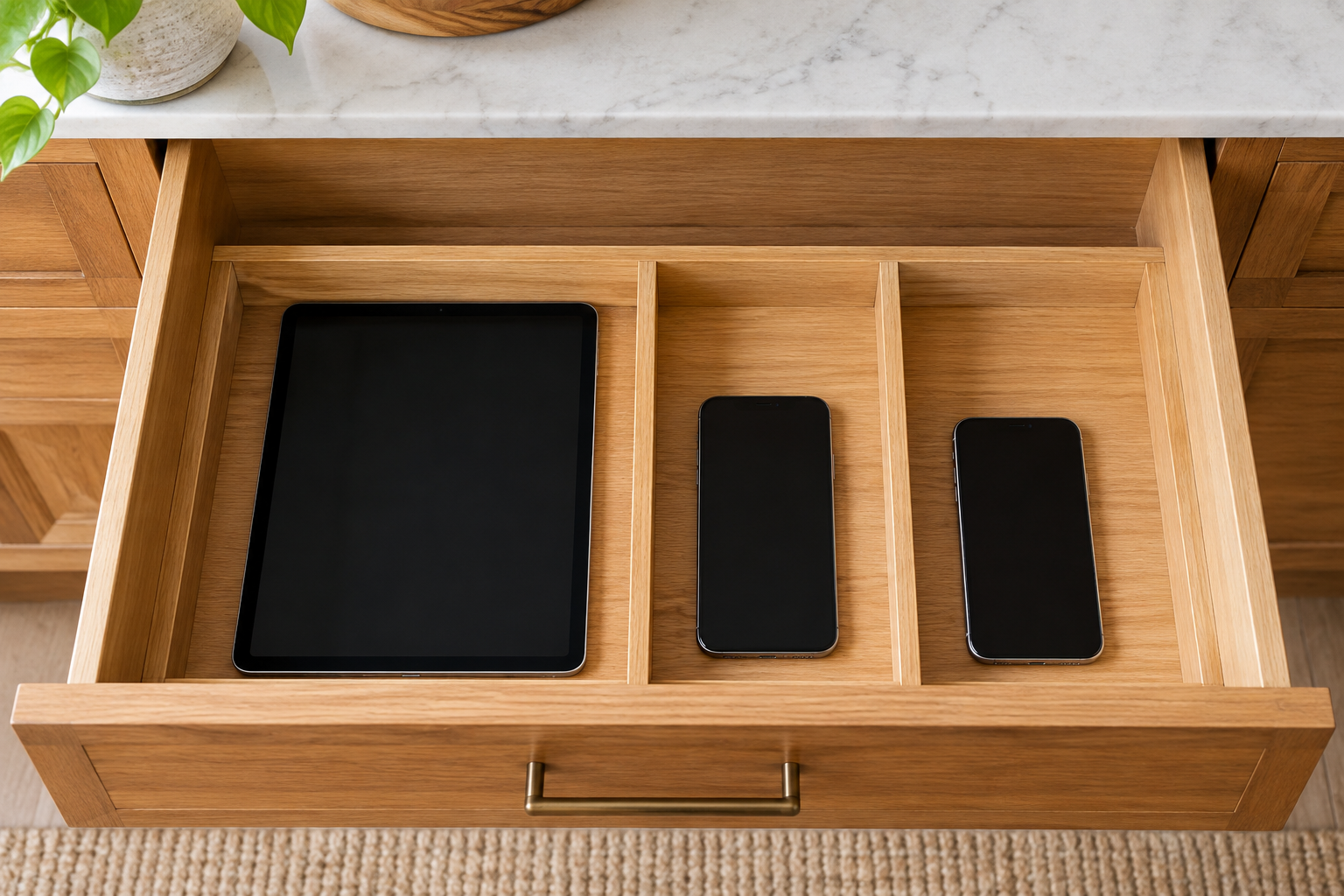 Tablet and two phones arranged in a divided drawer with space around each device.