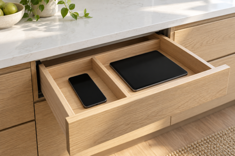 Open oak kitchen drawer holding a tablet and phones in separate compartments.