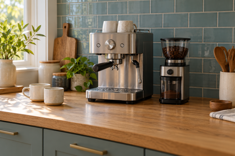 Open kitchen coffee station with a generic espresso machine, grinder and clear counter space.