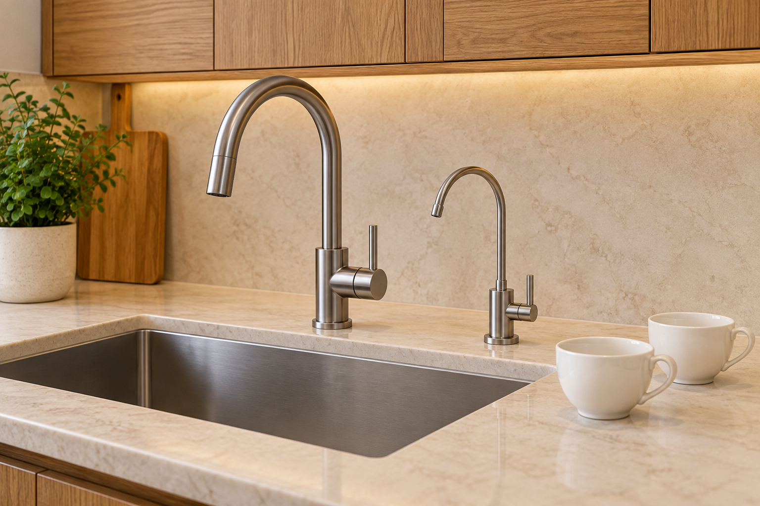 Separate dispensing faucet beside the main kitchen faucet, with room for tea preparation.