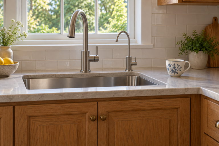 Kitchen sink with a main faucet and a separate smaller dispensing faucet.