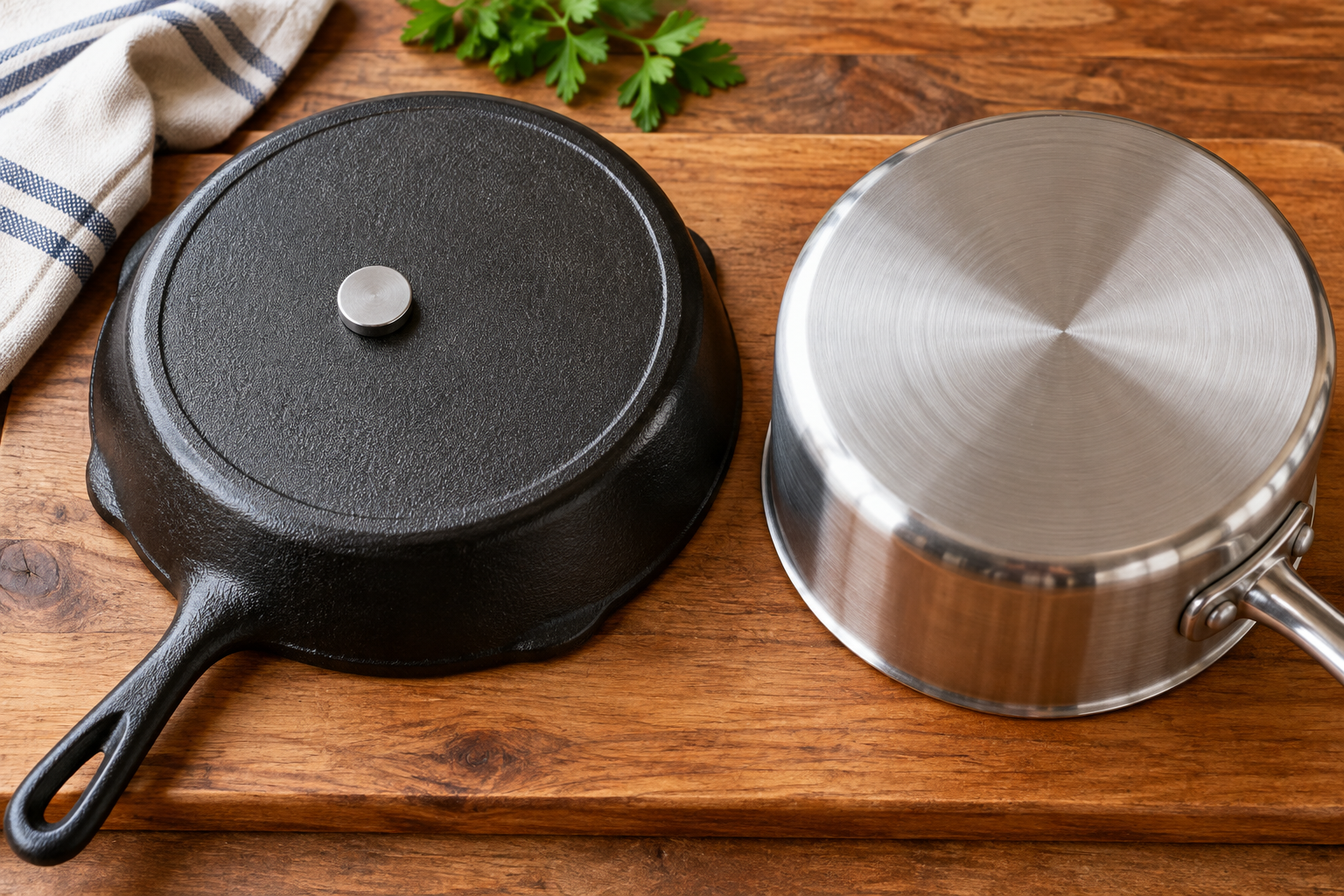 Magnet attached to the base of a cast iron skillet beside an inverted stainless-steel pan.
