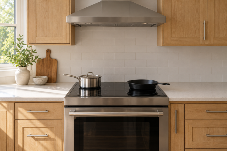 Induction range with cookware and uncluttered counters in a kitchen.