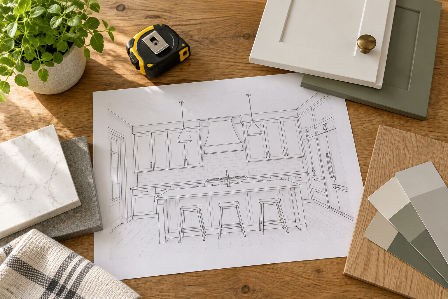 Kitchen planning sketch with measuring tape and cabinet samples.