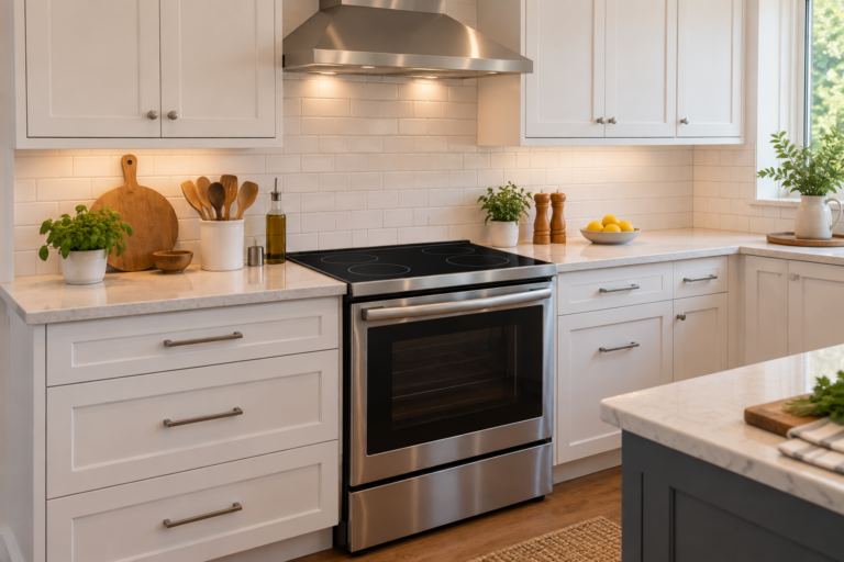 Radiant electric range in a white kitchen beneath a hood.