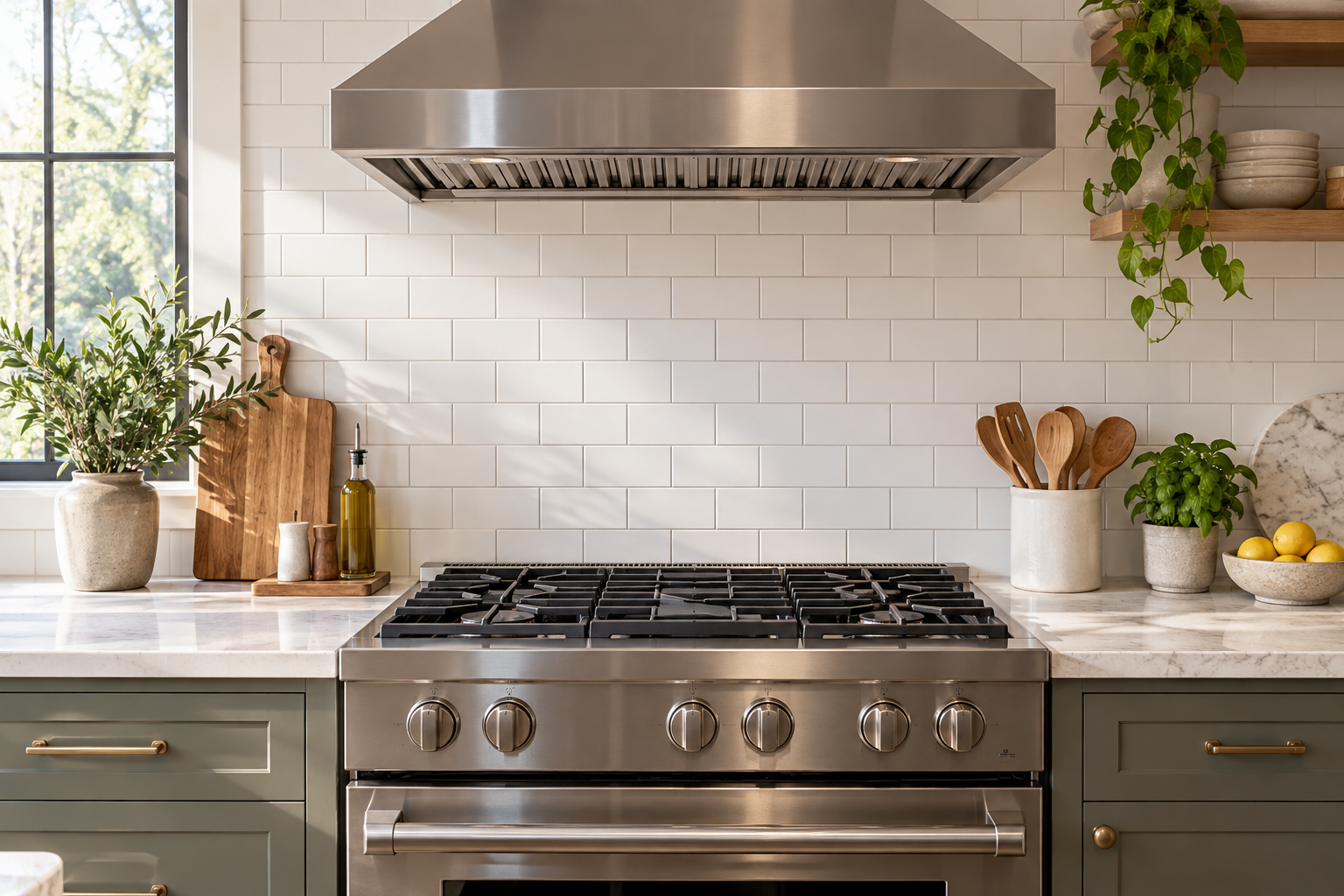 Gas range and hood with burners off.