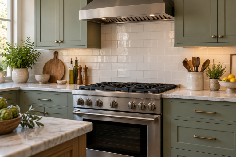 Gas range with burners off in a sage-green kitchen.