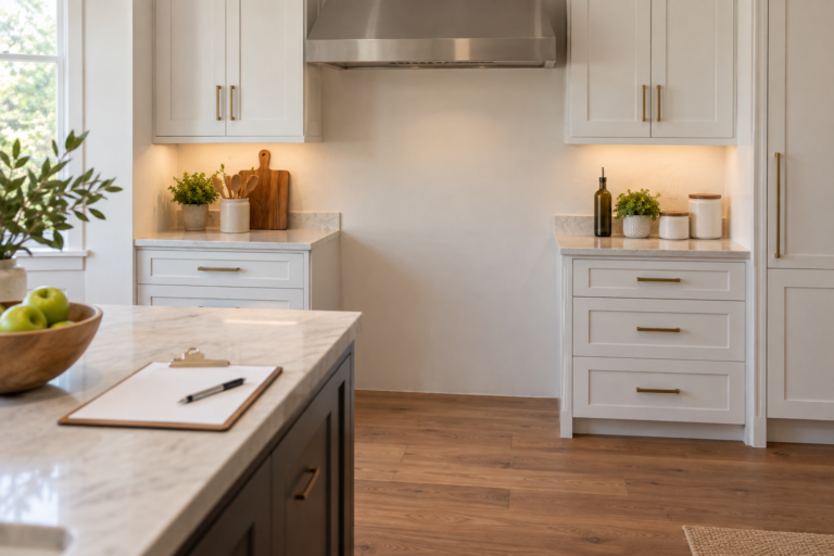 Range delivery planning materials beside a kitchen appliance opening.