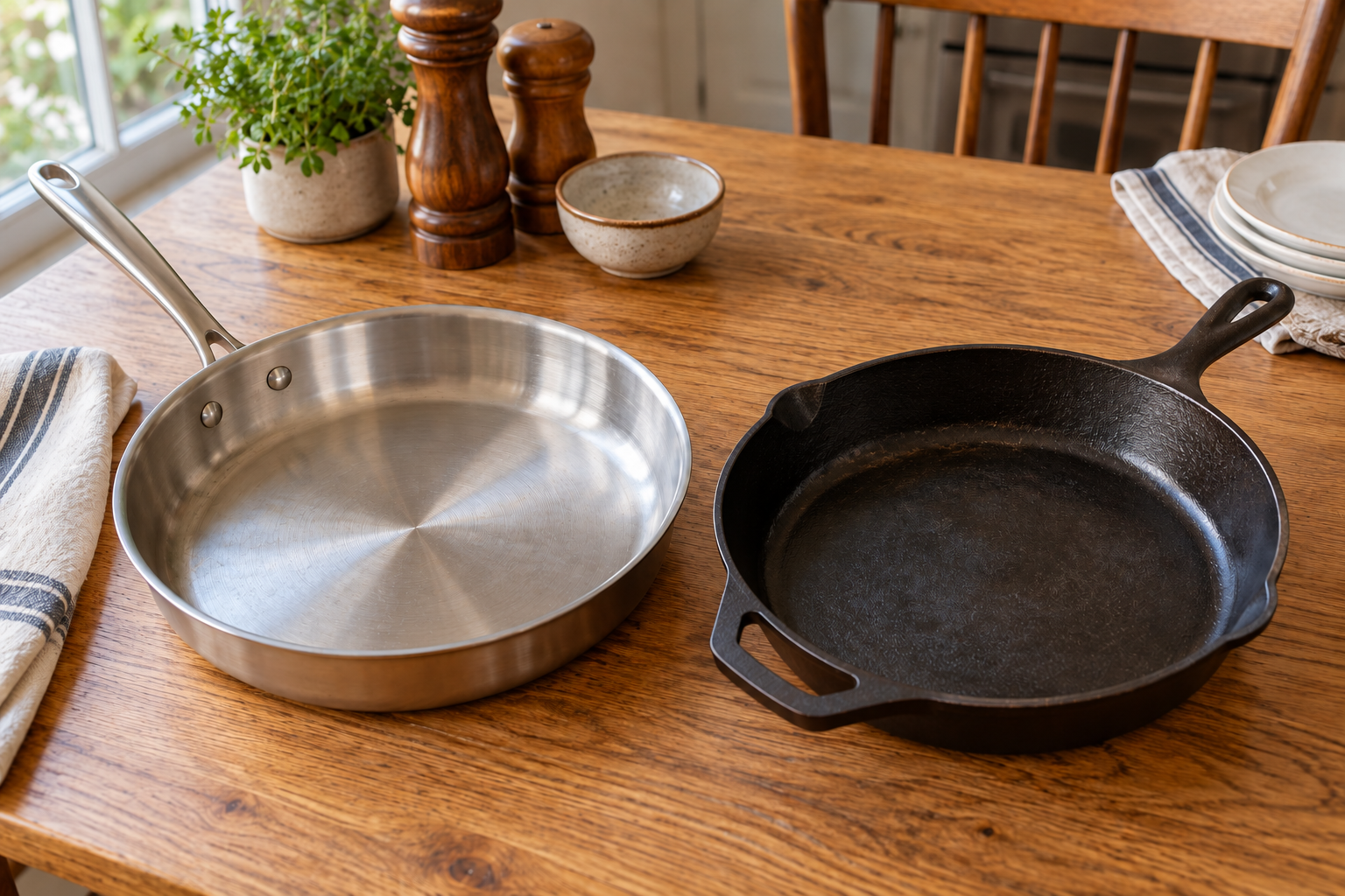 Unbranded stainless-steel and cast-iron pans on a wood table.
