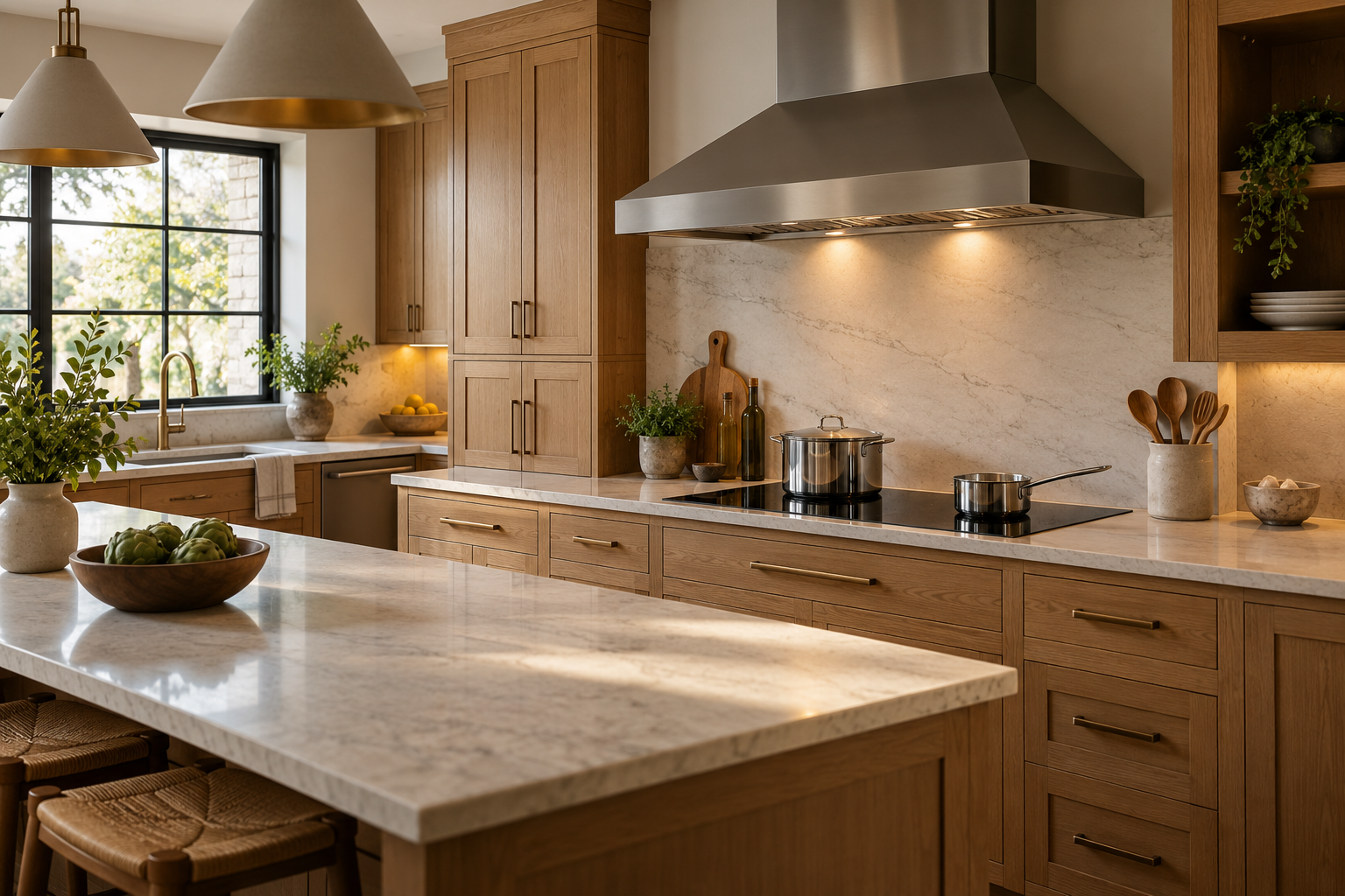 Induction cooking surface with cookware in an oak kitchen.