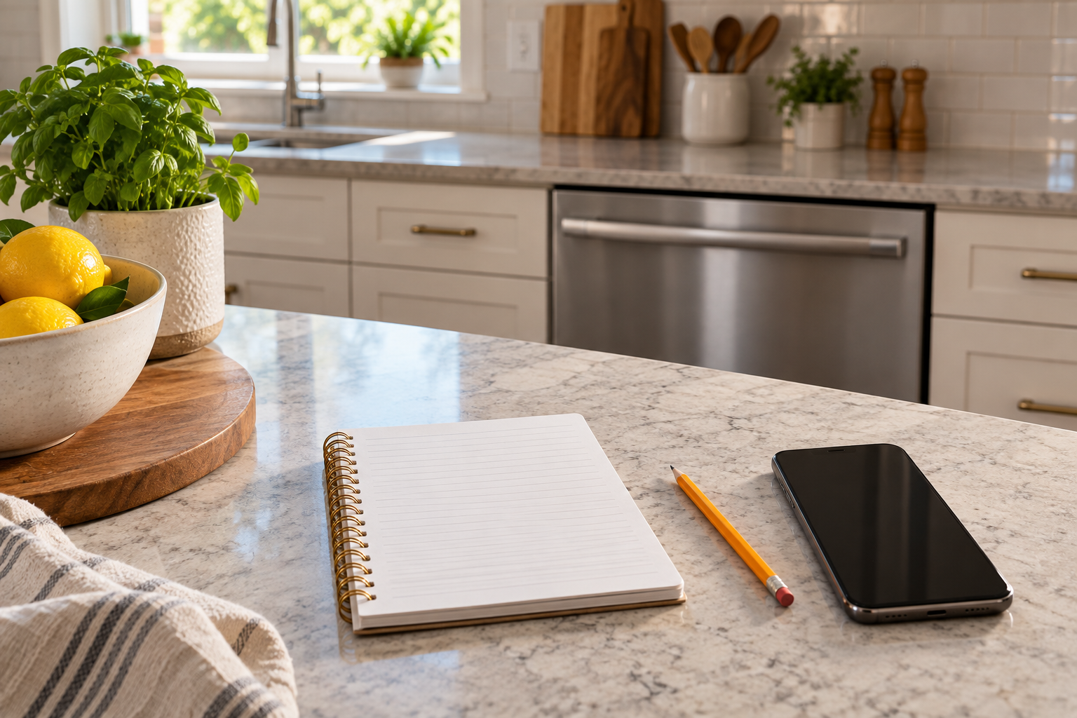 Notebook and phone ready for a dishwasher service call.