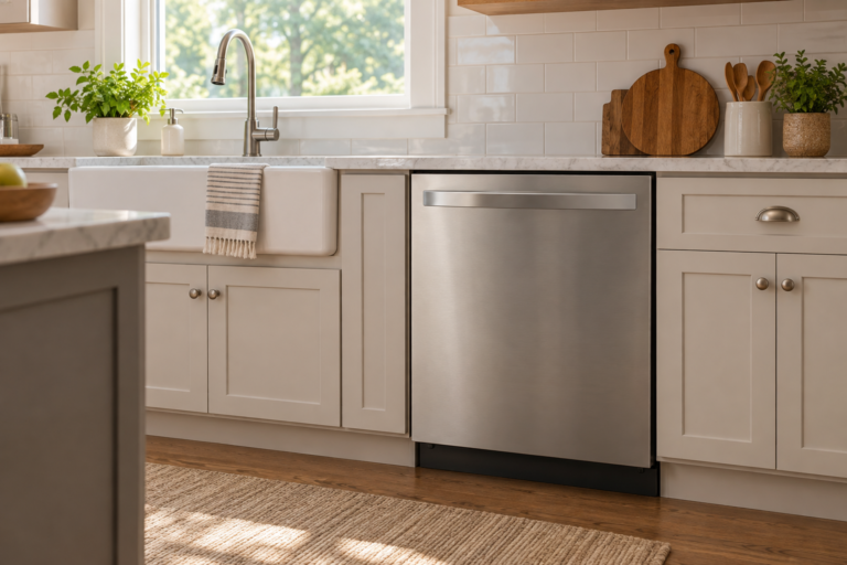Closed stainless-steel dishwasher in a dry kitchen.